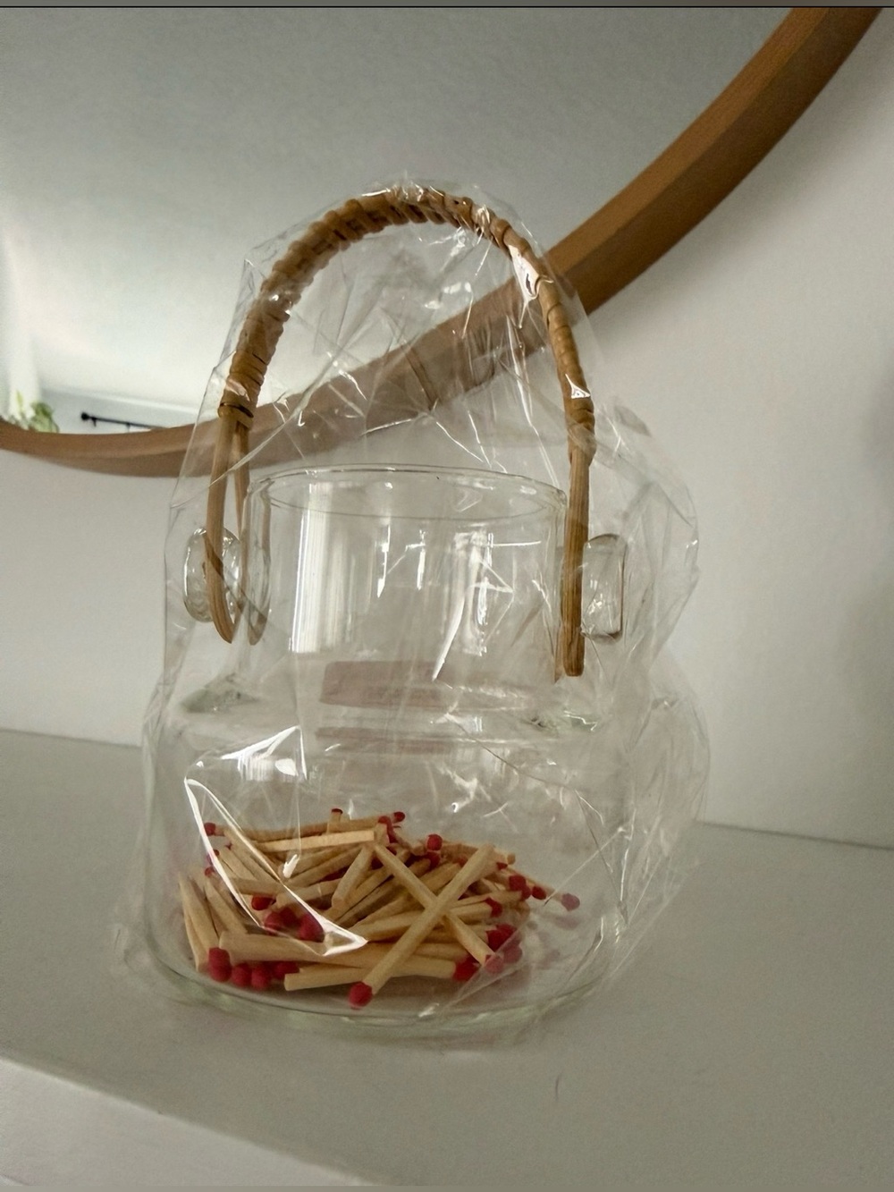Vintage Glass Container w/ Woven Handle in Clear Bag Matches w/ Strike on Bottom